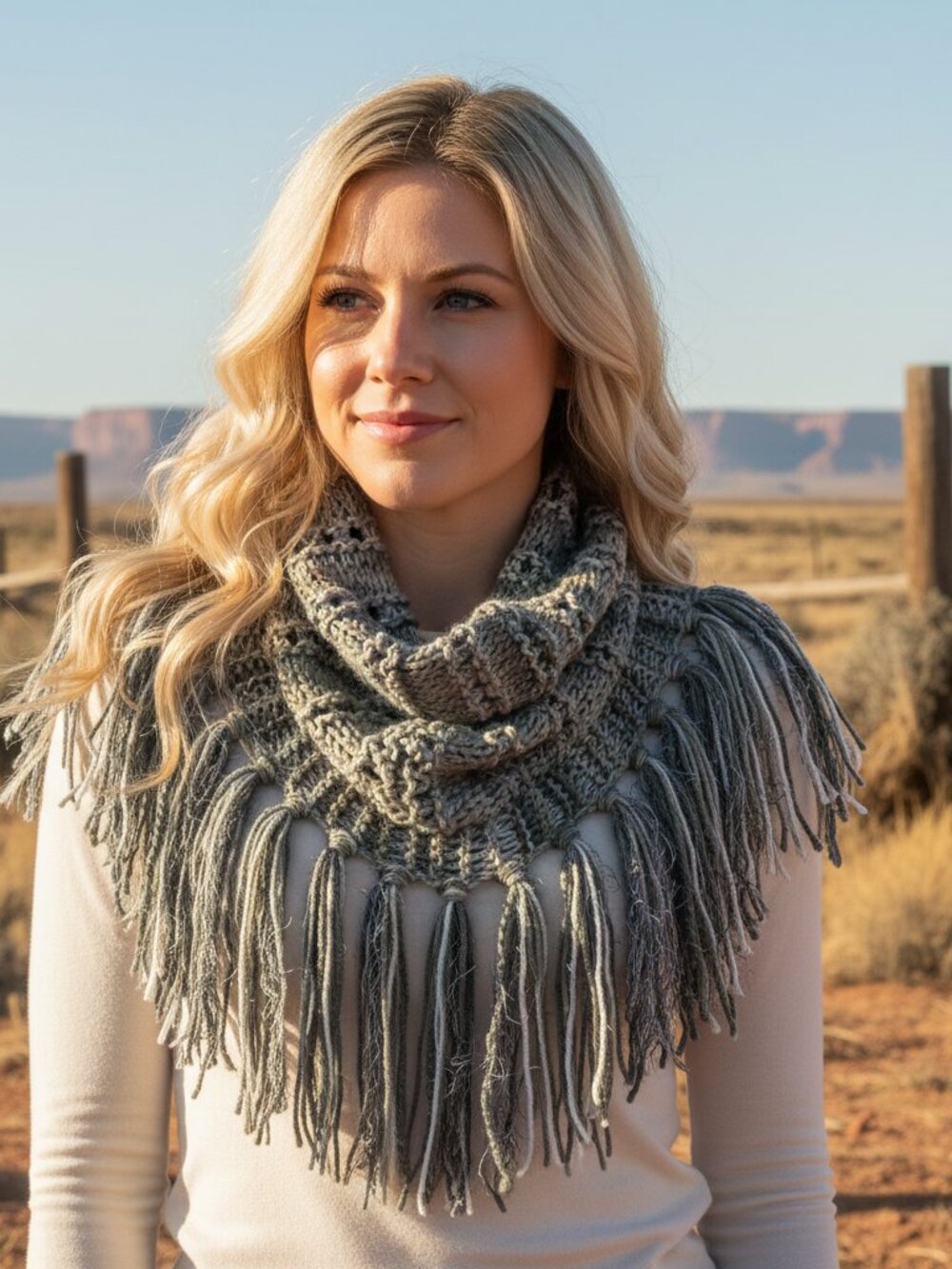 NEW Cowl Scarf Hand Knitted Gray Boho Fringe Cozy Rustic Western Indie Artsy Mod